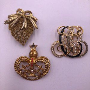 SOLD Tancer Crown Star Gold Tone Rhinestones Pin Brooch & 2 Unbranded Brooches